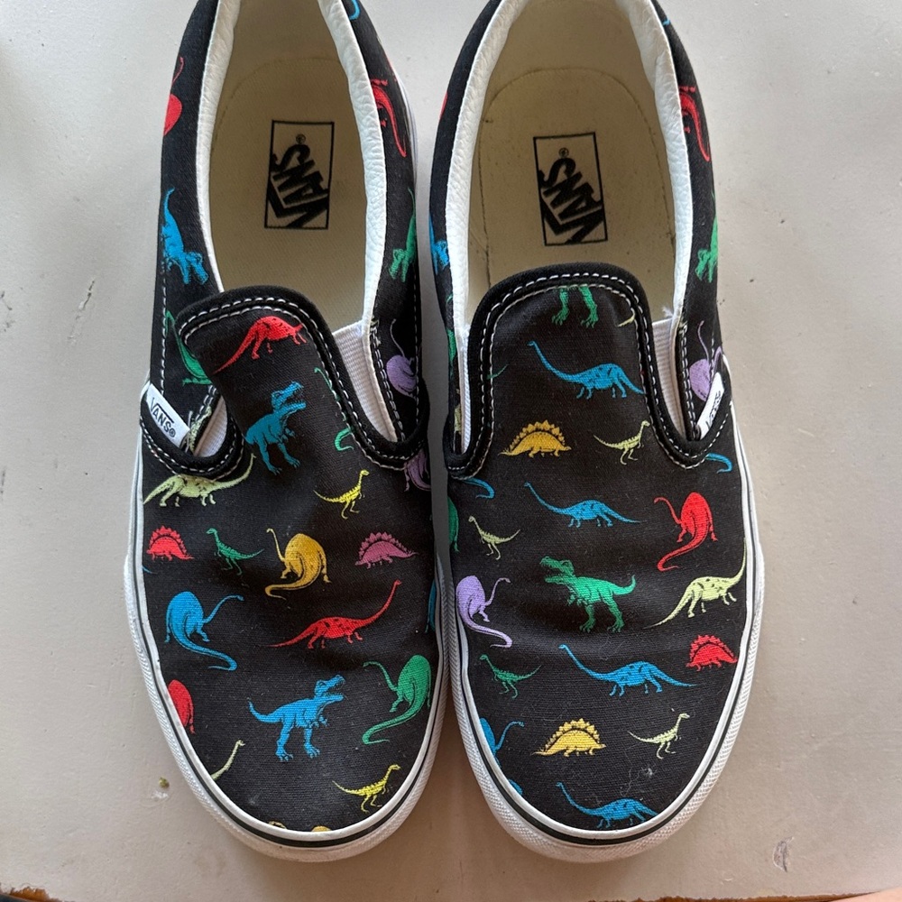 Vans Black Slip-On Shoes with Colorful Dinosaur Print